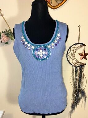 ✨ Y2K Embellished Periwinkle Blue Beaded Ribbed Tank Top ✨
